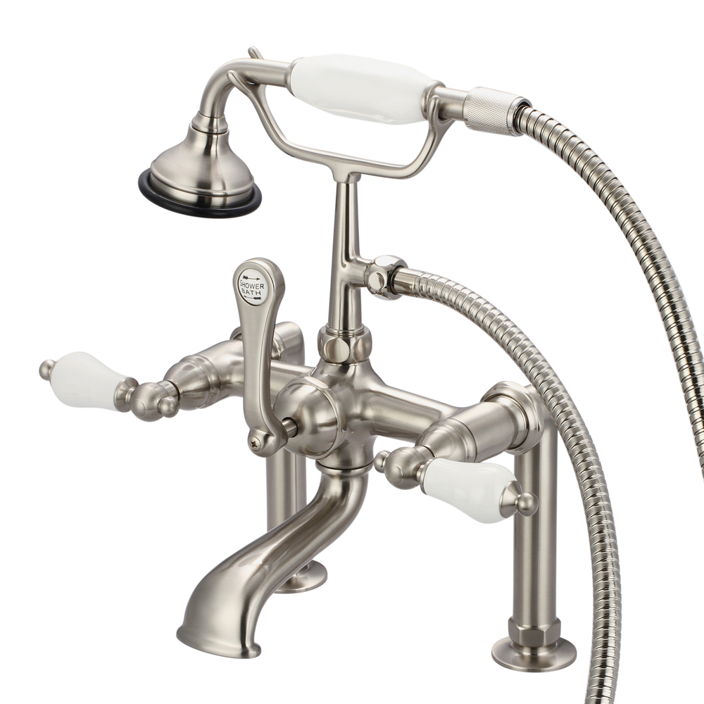 7" Spread Deck Mount Tub Faucet With 6" Risers & Handheld Shower, Brushed Nickel Fini