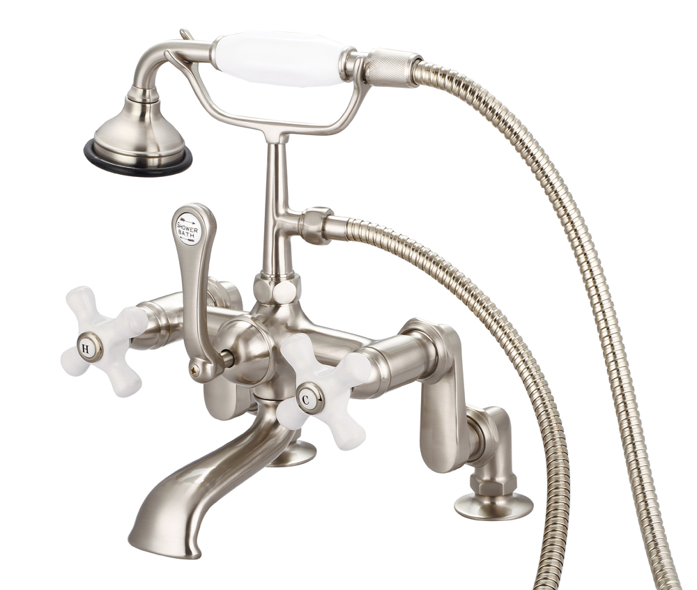 Adjustable Center Deck Mount Tub Faucet With Handheld Shower, Brushed Nickel