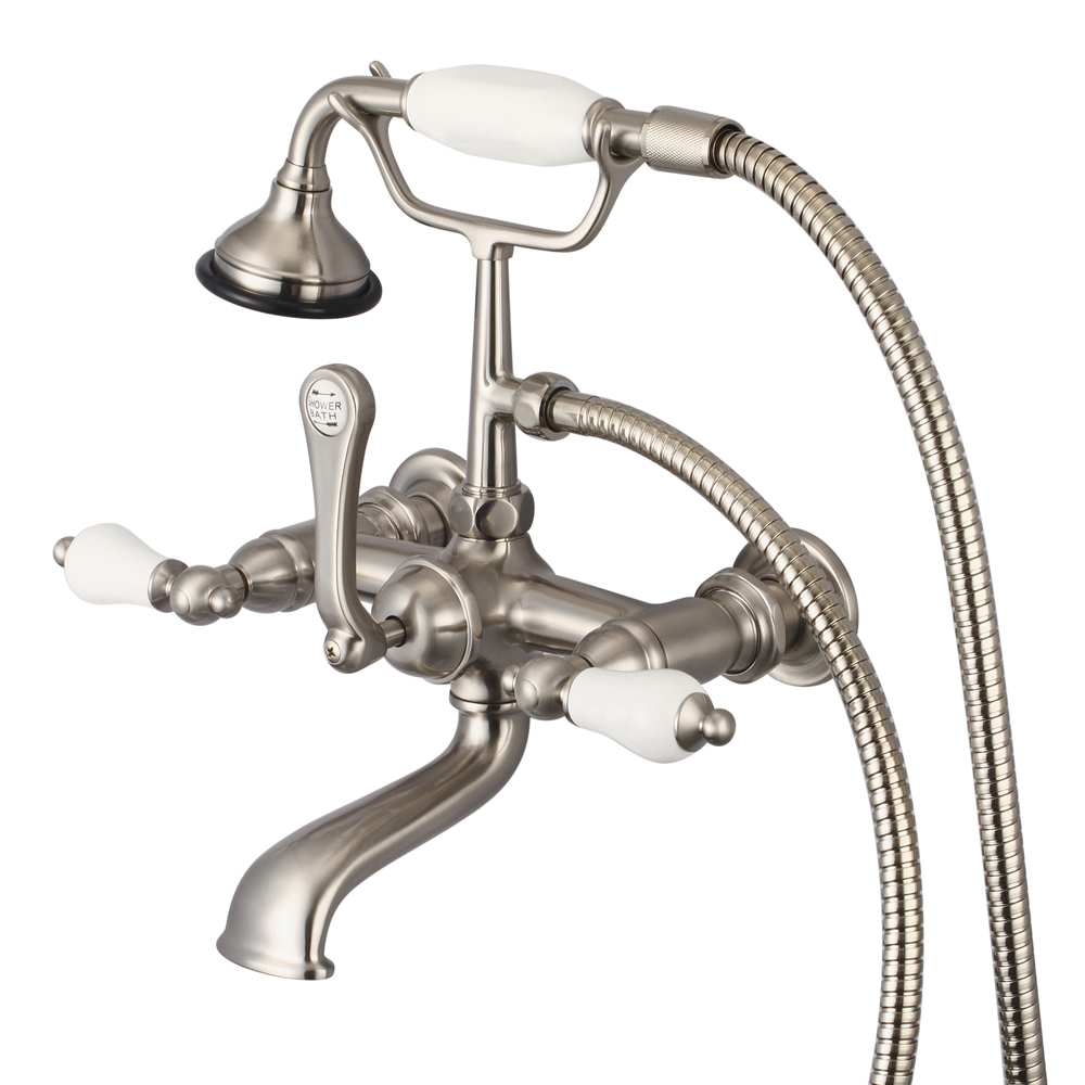 7" Spread Wall Mount Tub Faucet With Straight Wall Connector & Handheld Shower, Brushe
