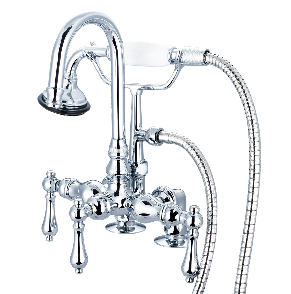 3-3/8" Center Deck Mount Tub Faucet With Gooseneck Spout, 2" Risers & Handheld Shower,