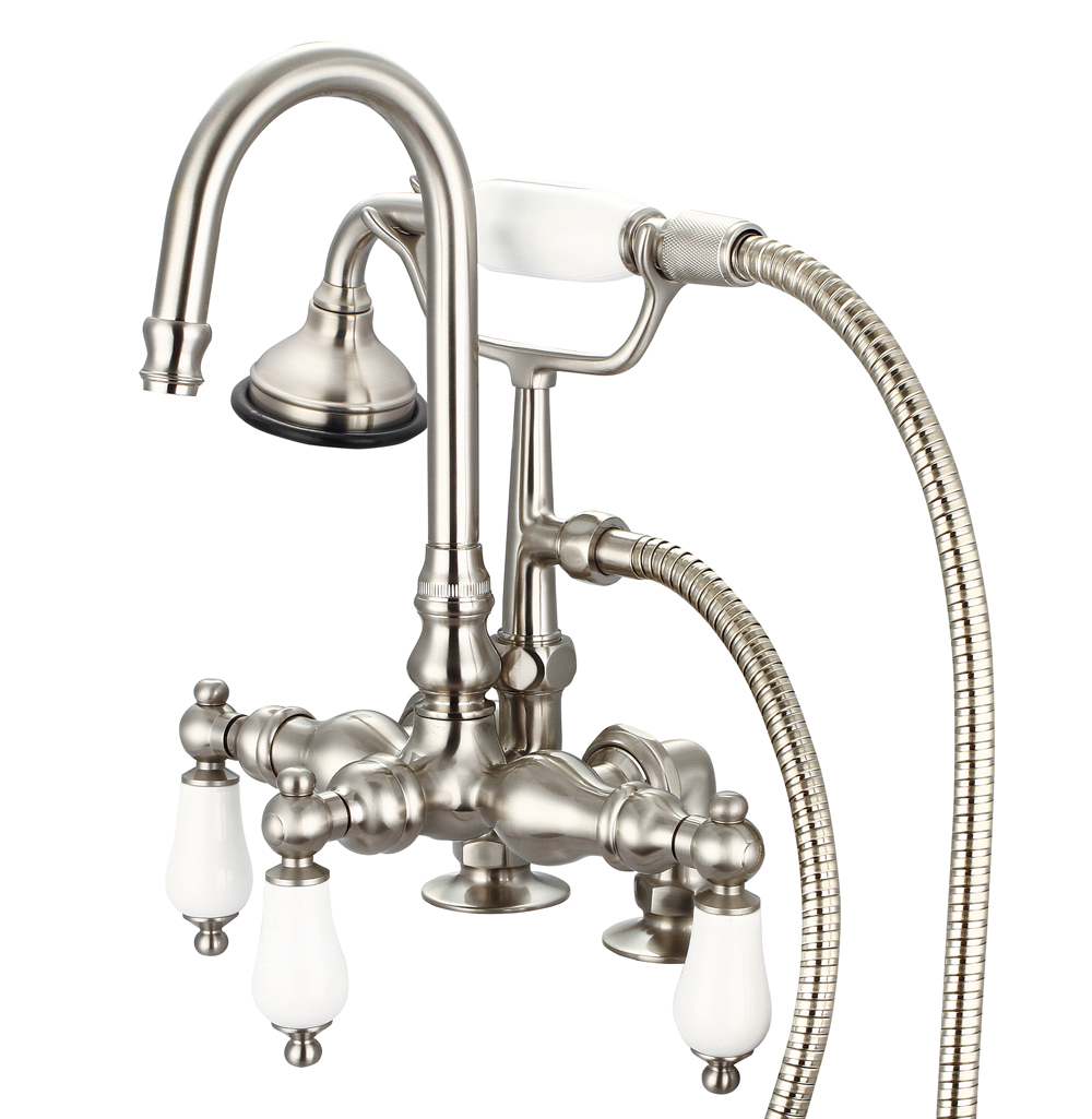 3-3/8" Center Deck Mount Tub Faucet With Gooseneck Spout, 2" Risers & Handheld Shower,