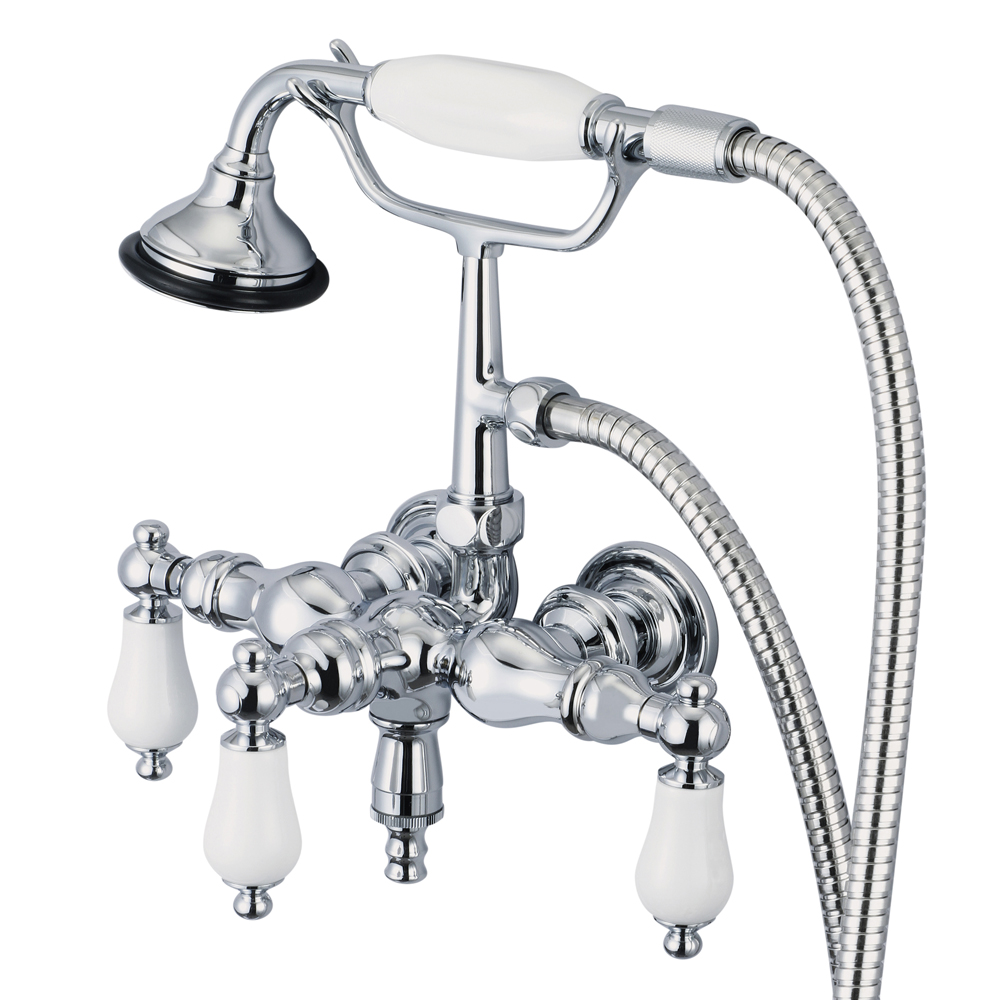 3-3/8" Center Wall Mount Tub Faucet With Down Spout, Straight Wall Connector & Handhel