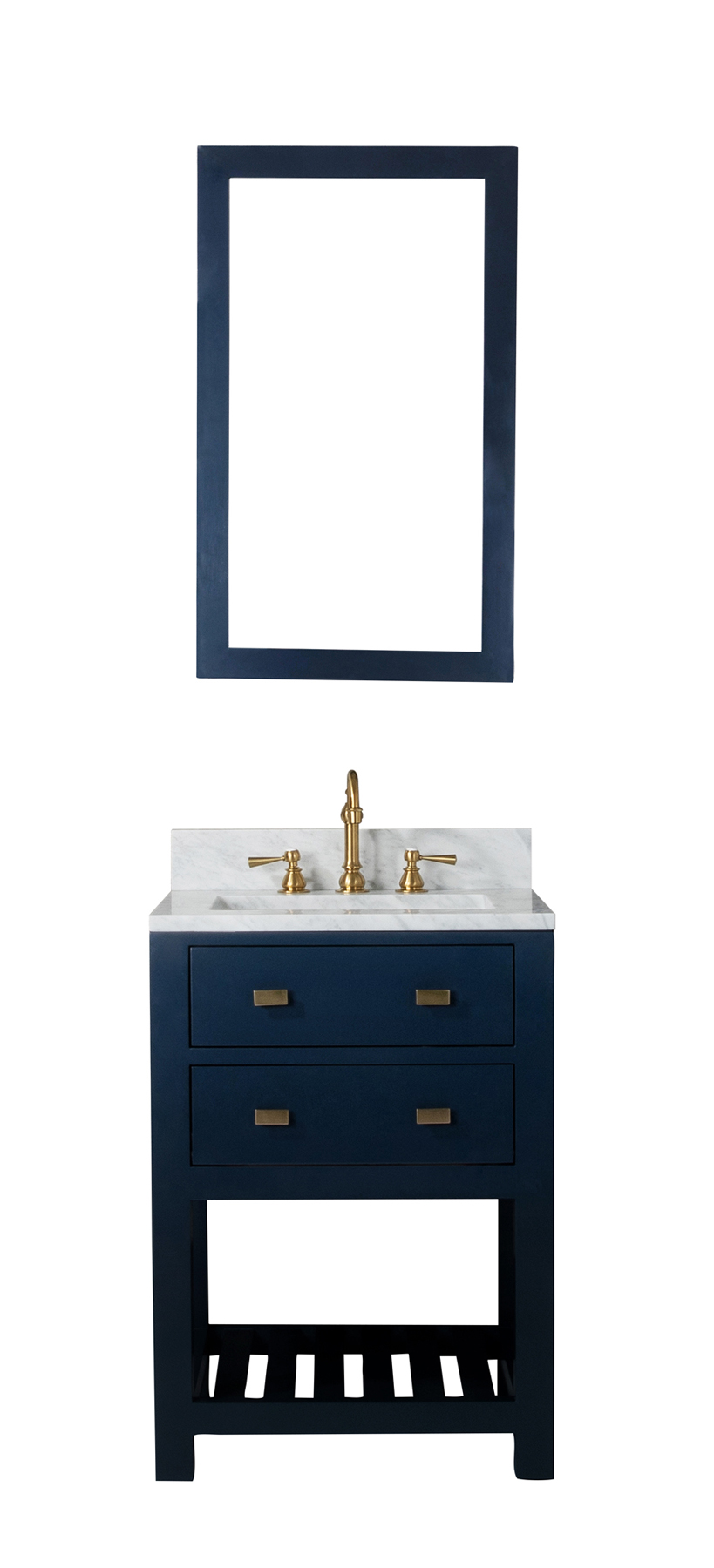 24 Inch Monarch Blue Single Sink Bathroom Vanity With F2-0012 Satin Brass Faucet And Mirror From The Madalyn Collection
