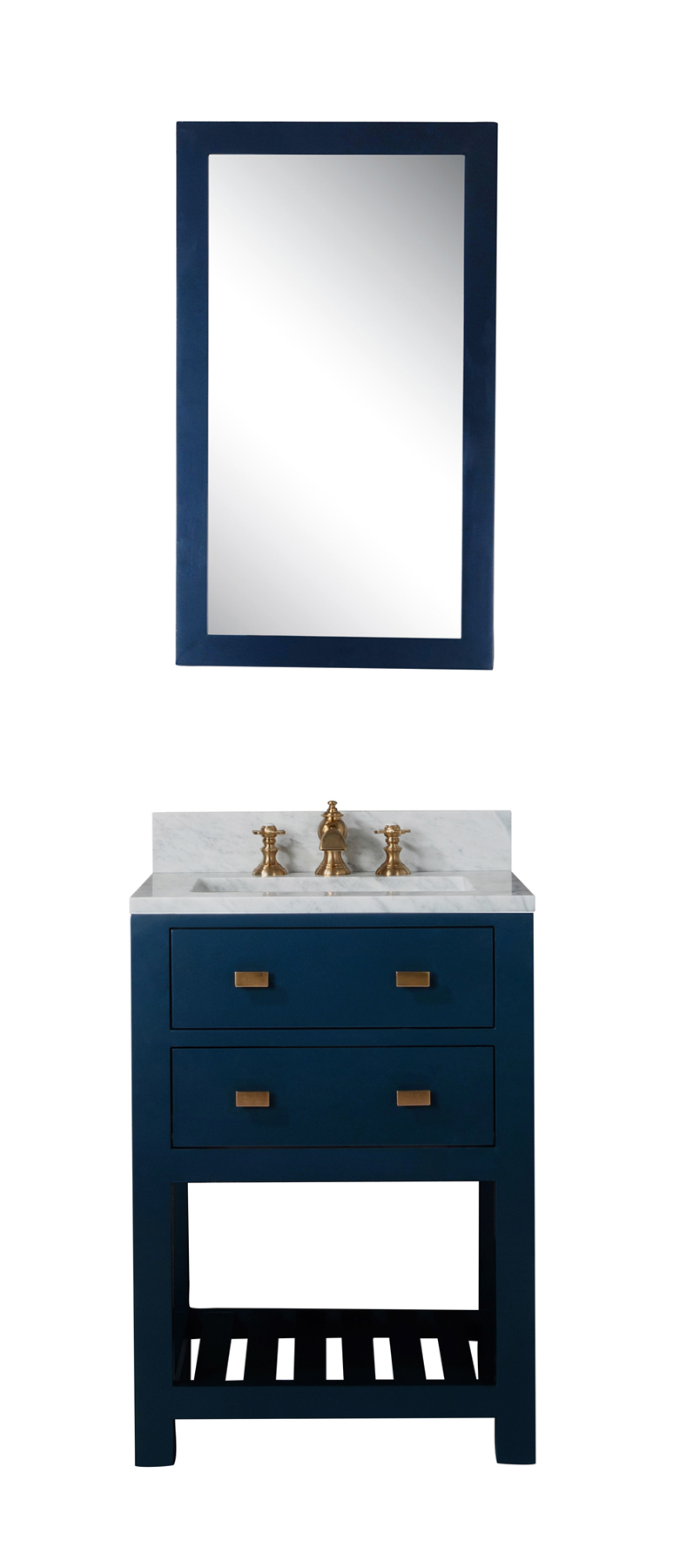 24 Inch Monarch Blue Single Sink Bathroom Vanity With F2-0013 Satin Brass Faucet And Mirror From The Madalyn Collection