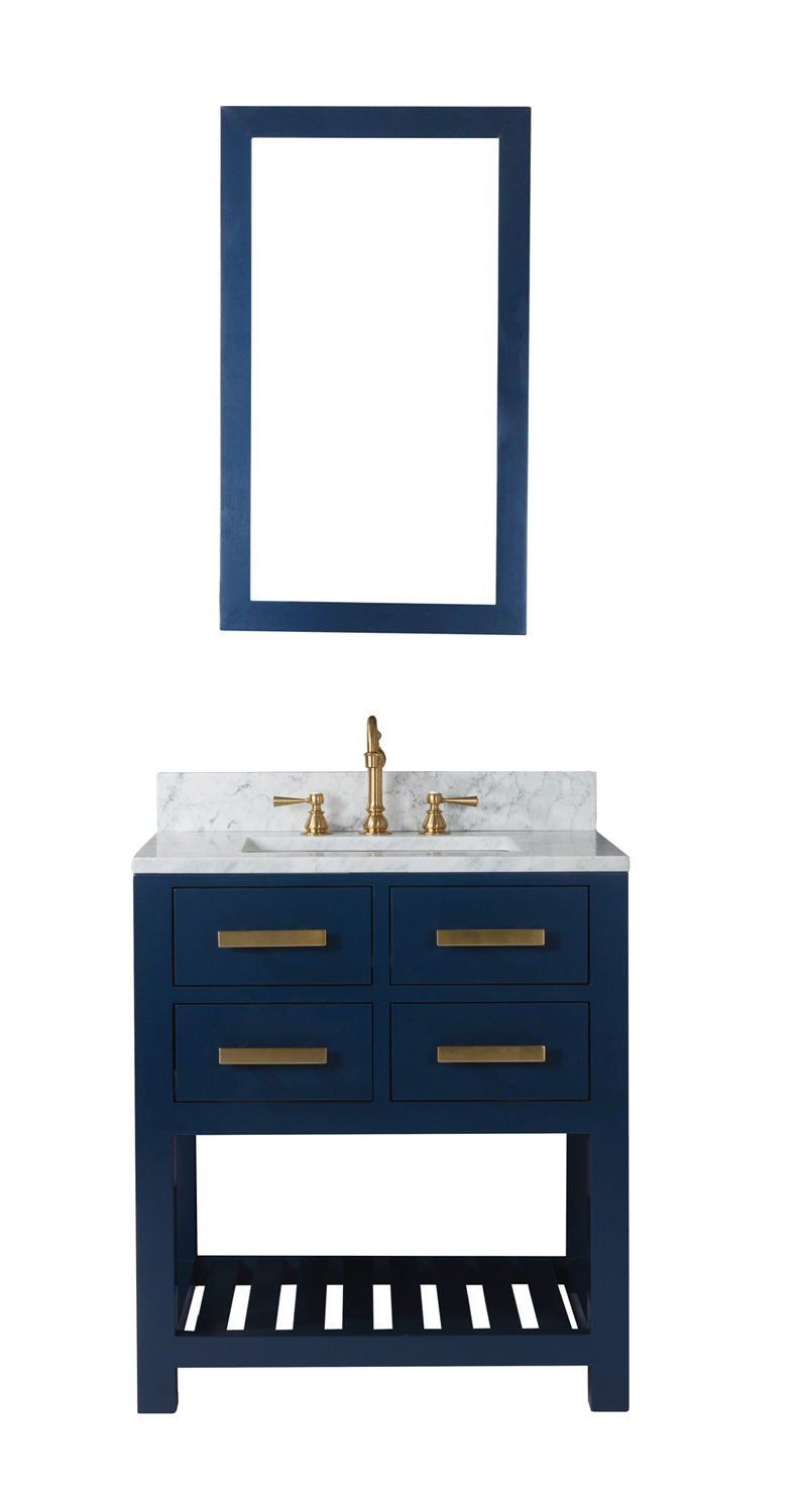 30 Inch Monarch Blue Single Sink Bathroom Vanity With F2-0012 Satin Brass Faucet And Mirror From The Madalyn Collection