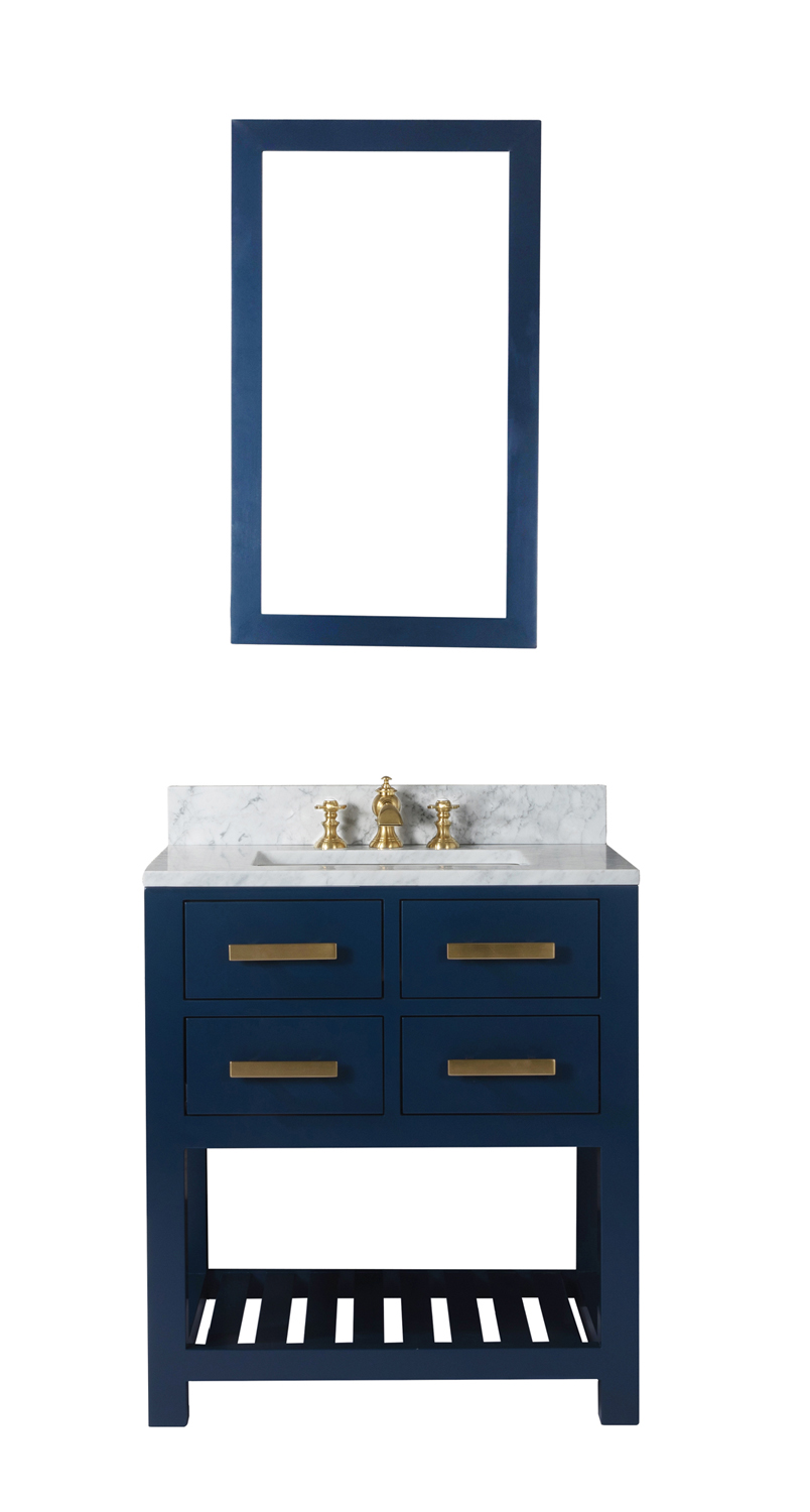30 Inch Monarch Blue Single Sink Bathroom Vanity With F2-0013 Satin Brass Faucet And Mirror From The Madalyn Collection