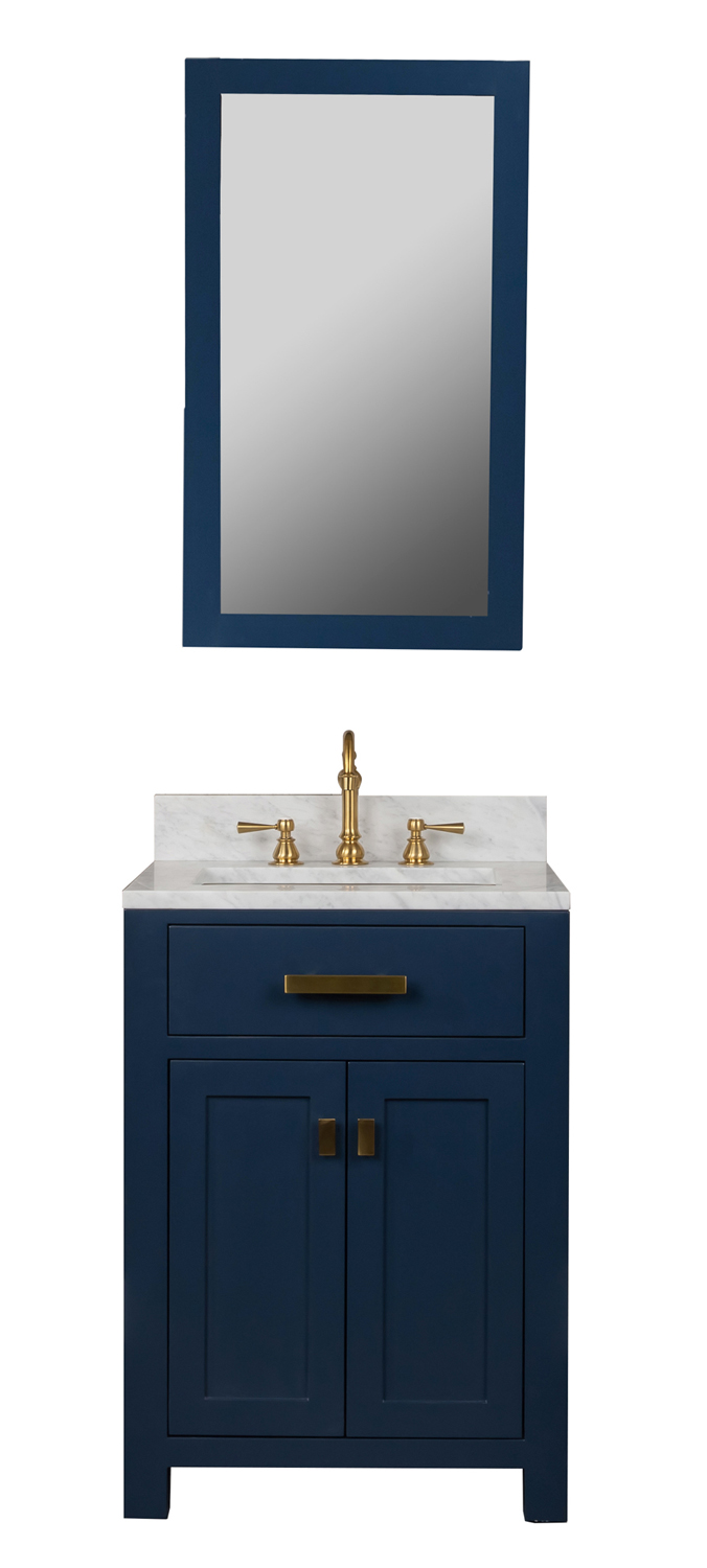 Madison 24-Inch Single Sink Carrara White Marble Vanity In Monarch Blue With Matching Mirror