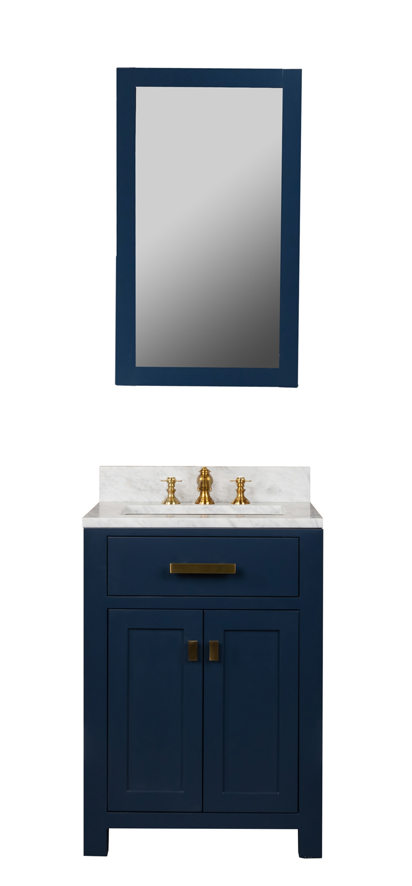 Madison 24-Inch Single Sink Carrara White Marble Vanity In Monarch Blue With F2-0013-06-FX Lavatory Faucet