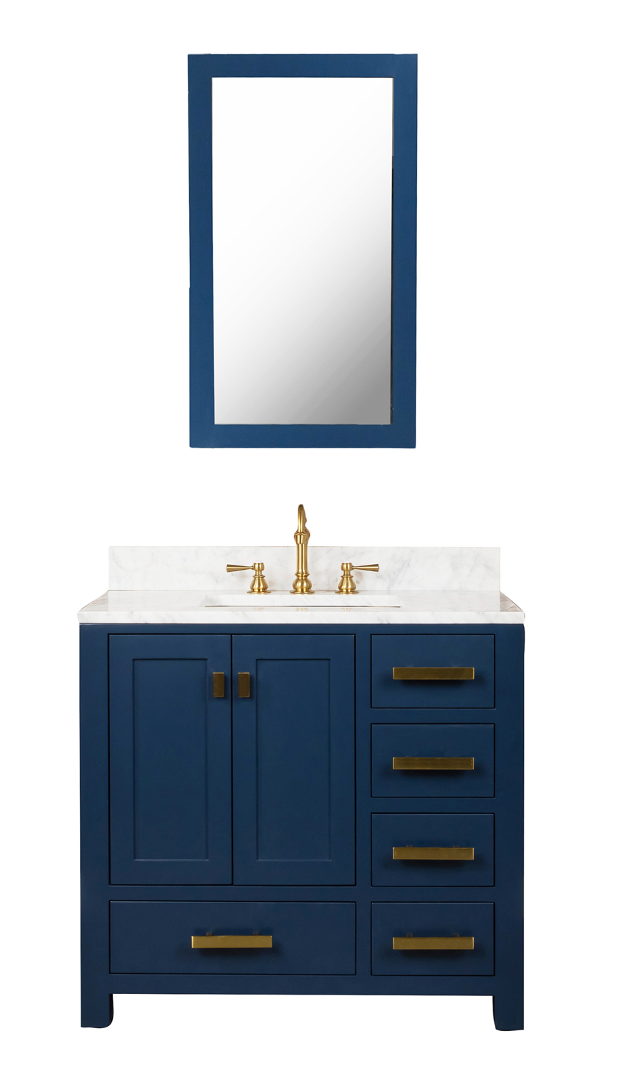 Madison 36-Inch Single Sink Carrara White Marble Vanity In Monarch Blue With Matching Mirror