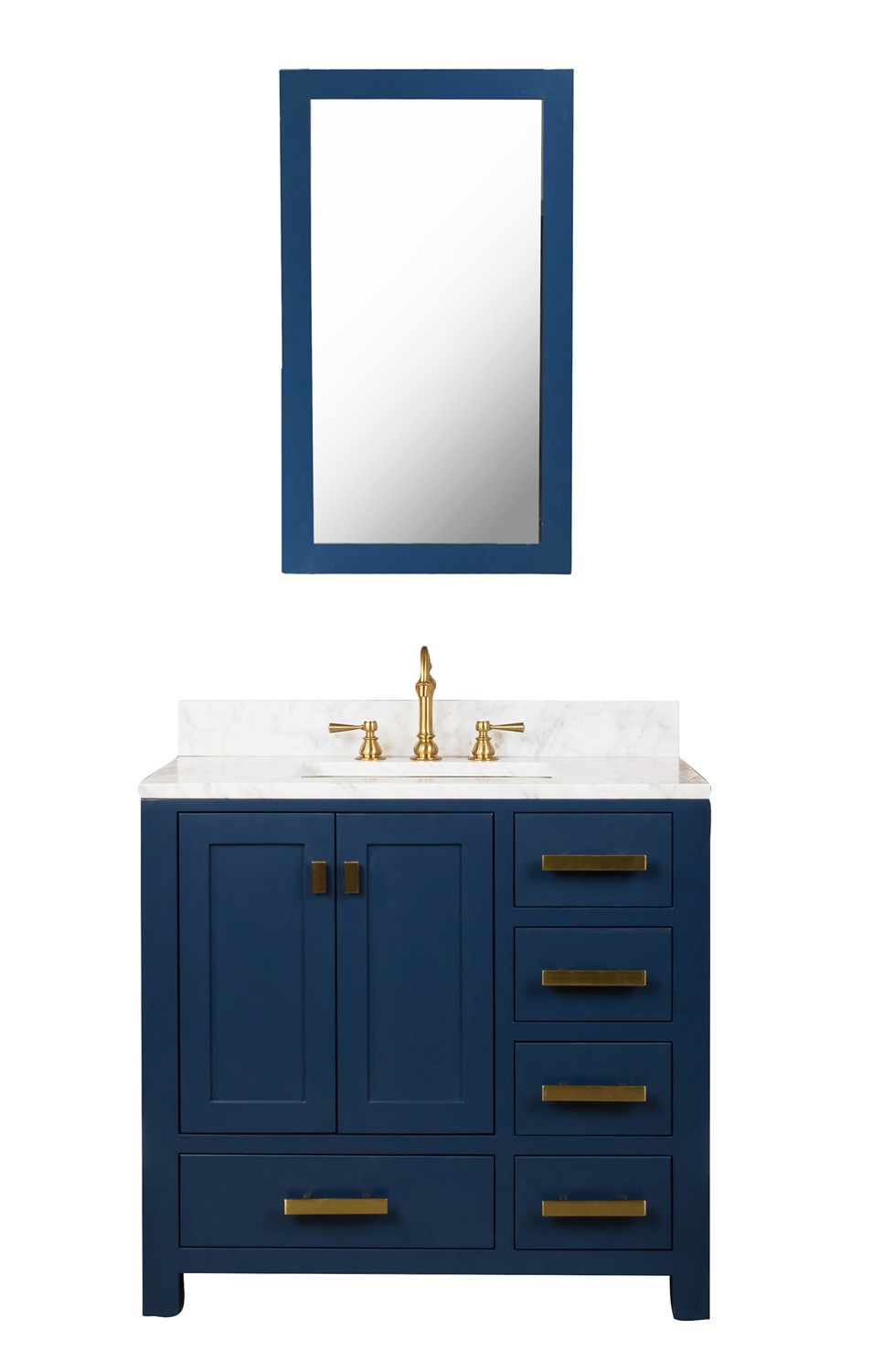 Madison 36-Inch Single Sink Carrara White Marble Vanity In Monarch Blue With F2-0012-06-TL Lavatory Faucet
