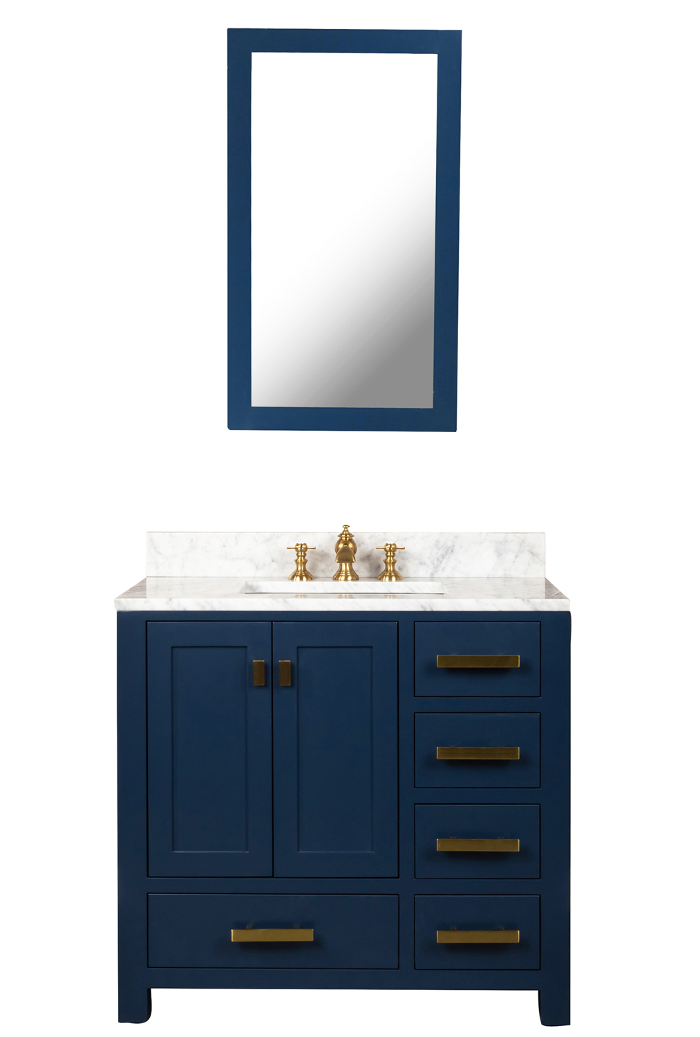 Madison 36-Inch Single Sink Carrara White Marble Vanity In Monarch Blue With F2-0013-06-FX Lavatory Faucet