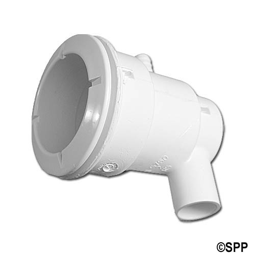 Body Assembly, Jet, Waterway Poly, Ell Body, 1/2"S Water x 3/8"B Air, 2-5/8" Hole Size w/ Wall Fitting, White