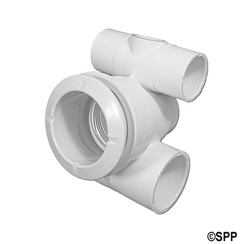 Body Assembly, Jet, Waterway Poly, Tee Body, 1-1/2"S Water x 1"S Air, 2-5/8" Hole Size w/ Wall Fitting, 2 Plugs, White