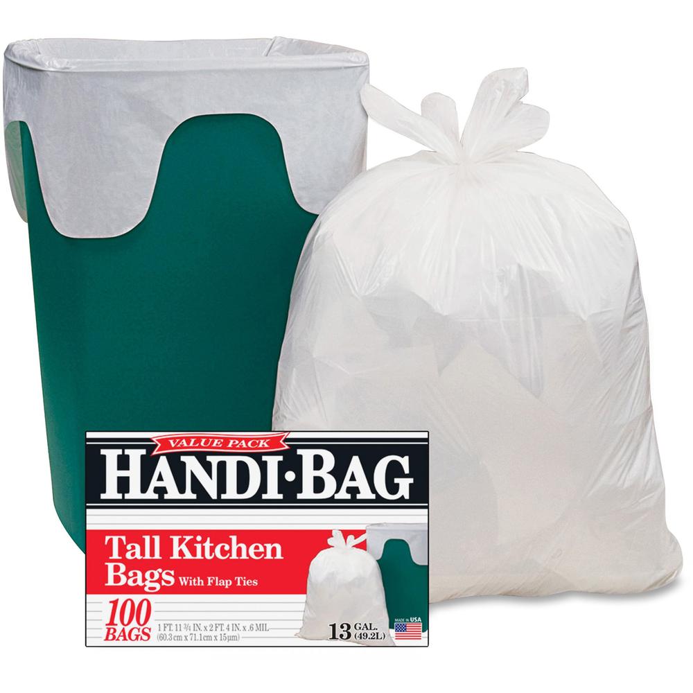 Webster Handi-Bag Flap Tie Tall Kitchen Bags - Small Size - 13 gal Capacity - 23.50" Width x 29" Length - 0.60 mil (15 Micron) T