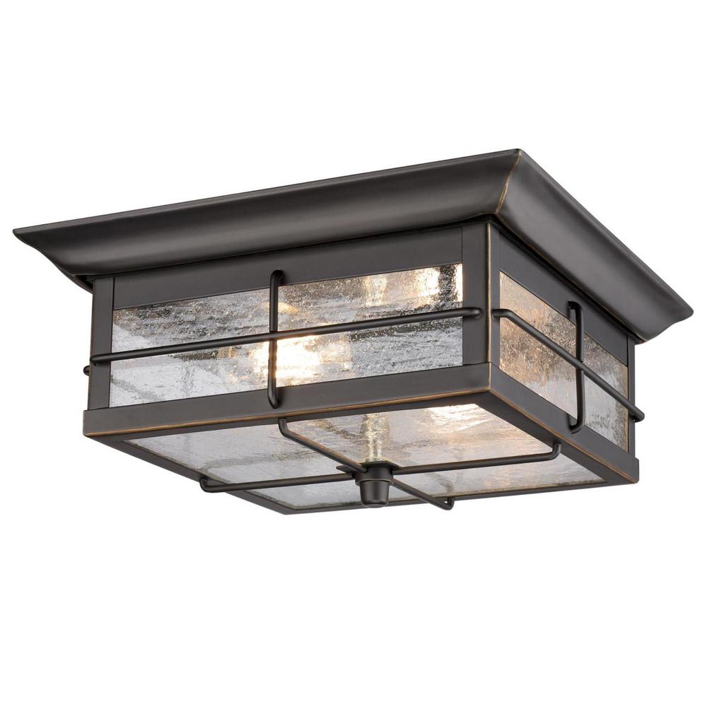 11 in. 2-Light Flush Oil Rubbed Bronze Finish with Highlights Clear Seeded Glass