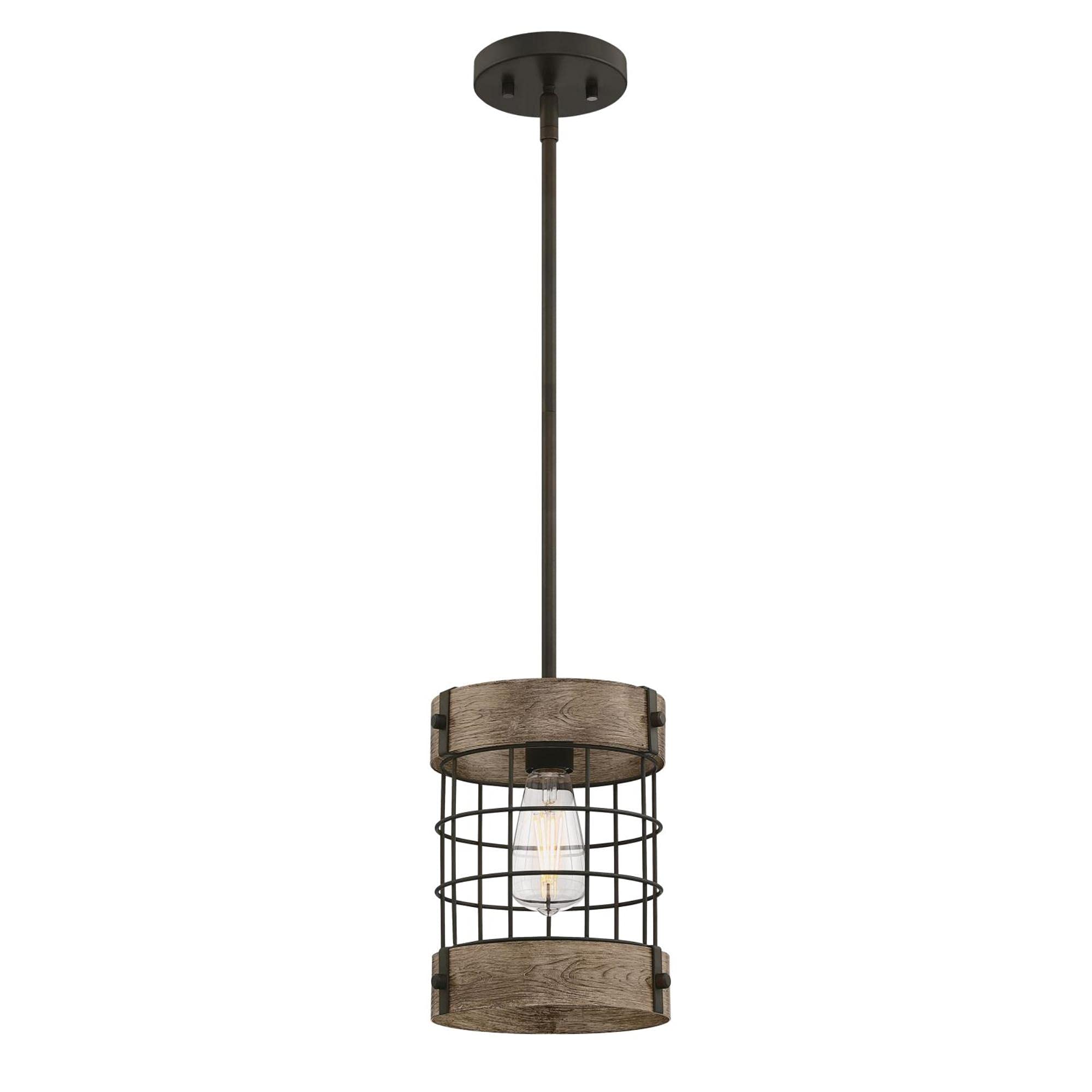 Westinghouse Lighting Langston One-Light Indoor Pendant, Oil-Rubbed Bronze Finish with Vintage Pine Accents, Cage Shade