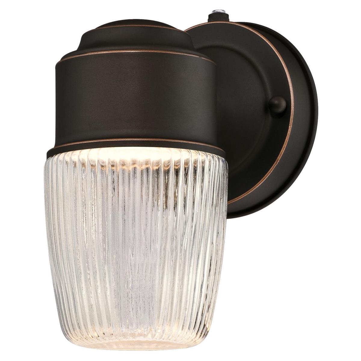1 Light LED Wall Fixture with Dusk to Dawn Sensor Oil Rubbed Bronze Finish with Clear Ribbed Glass
