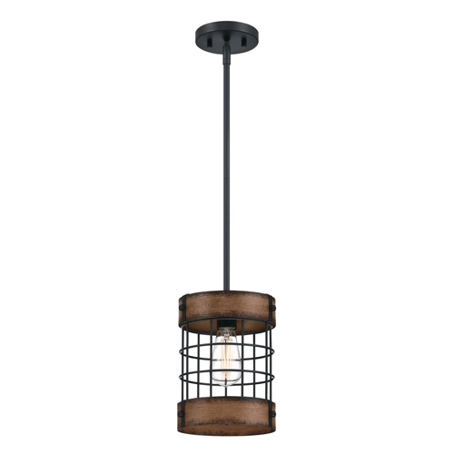 Westinghouse Lighting Langston One-Light Indoor Pendant, Matte Black Finish with Barnwood Accents, Cage Shade