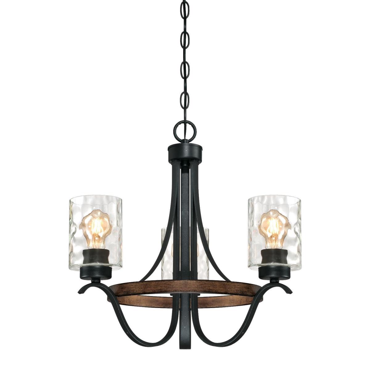3 Light Chandelier Textured Iron and Barnwood Finish with Clear Hammered Glass
