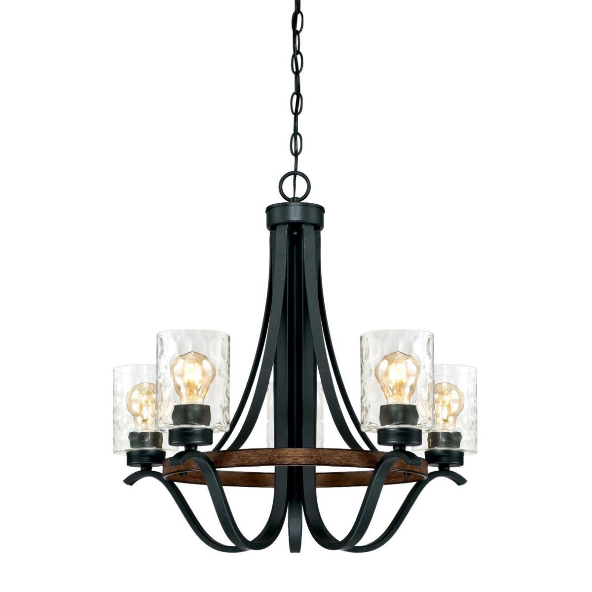 5 Light Chandelier Textured Iron and Barnwood Finish with Clear Hammered Glass