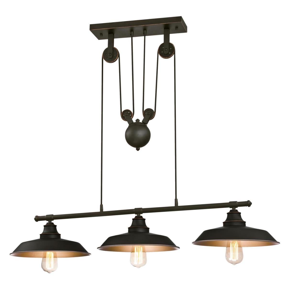 3 Light Island Pulley Pendant Oil Rubbed Bronze Finish with Highlights and Metallic Bronze Interior