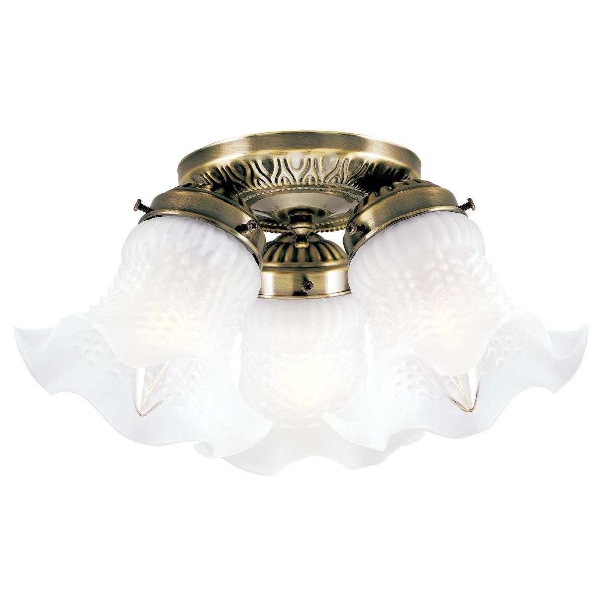 3 Light Flush Antique Brass Finish with Frosted Ruffled Edge Glass
