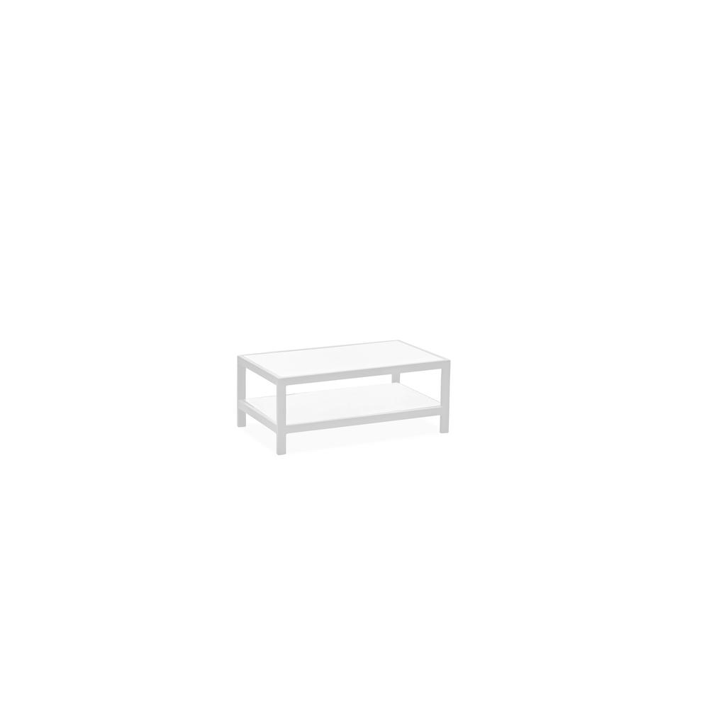 Angelina outdoor / indoor coffee table, White Aluminium frame, 5 mm tempered white glass top and shelve