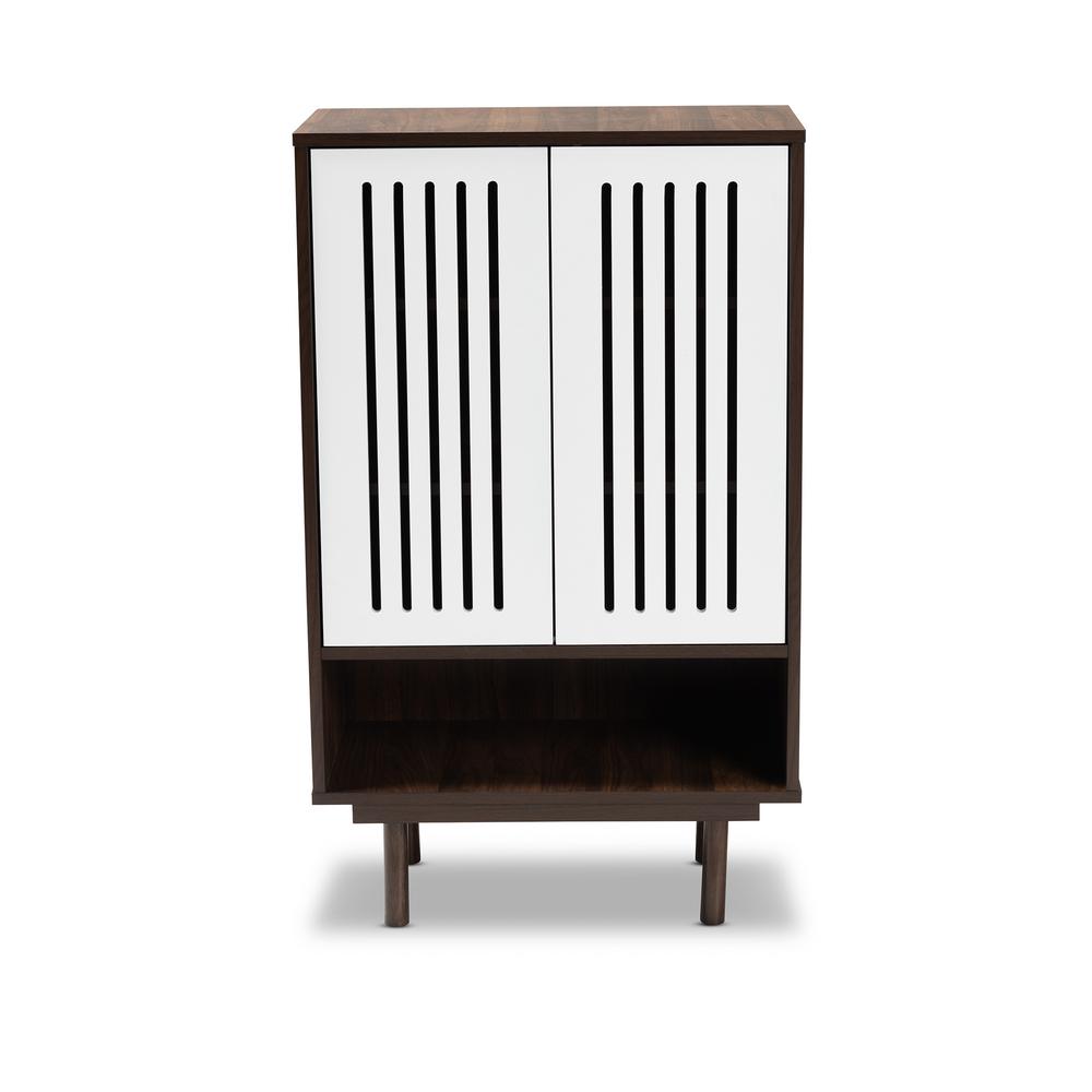 Meike MidCentury Modern TwoTone Walnut Brown and White Finished Wood 2Door Shoe Cabinet