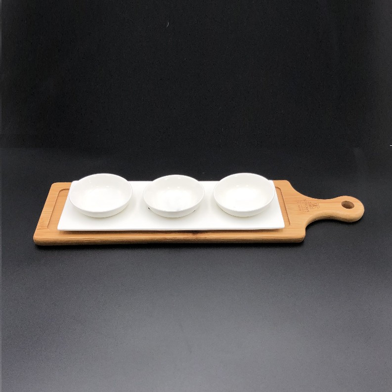A mignardises (petit four) serving set with Bamboo long tray and Porcelain dishes to match