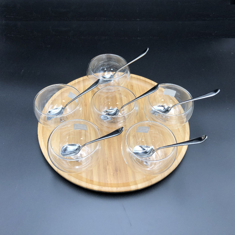 Ice-cream presentation set with 6 large thermo bowls and spoons and round bamboo platter