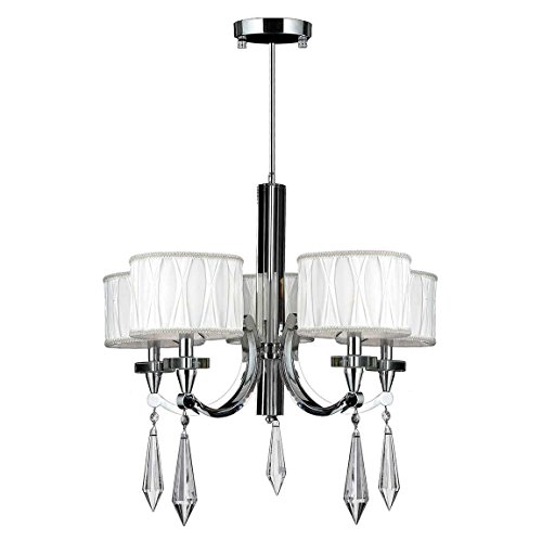 Cutlass Collection 5 Light Arm Chrome Finish and Clear Crystal Chandelier with White Fabric Shade 26