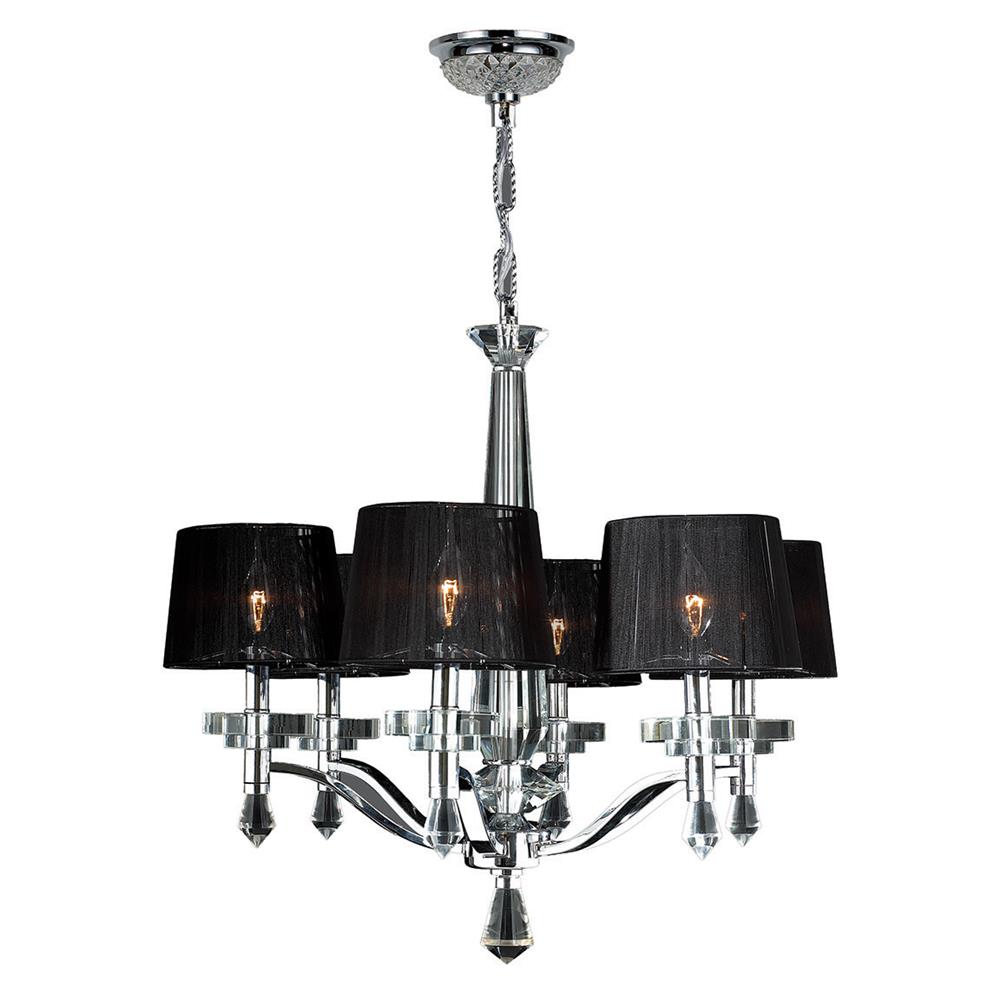 Gatsby Collection 6 Light Arm Chrome Finish and Clear Crystal Chandelier with Black String Drum Shade 26