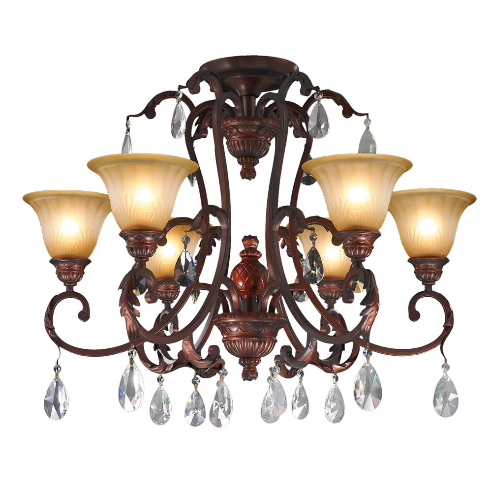 Florence Collection 6 Light Antique Bronze Finish with Frosted Glass Shades Crystal Semi-Flush Mount Ceiling Light 32" D x 26" H