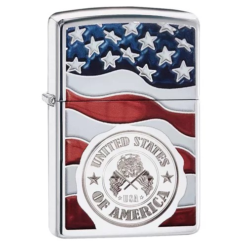 Zippo Windproof Lighter American Stamp on Flag High Polish Chrome Finish
