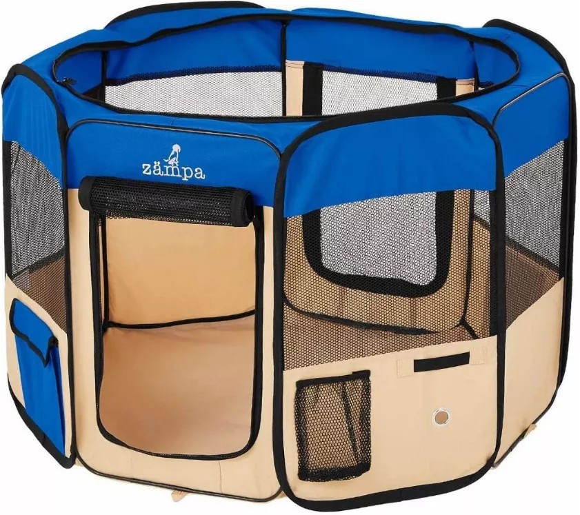 Zampa Portable Foldable Pet playpen Exercise Pen Kennel + Carrying Case - Small (36"x36"x24") Blue