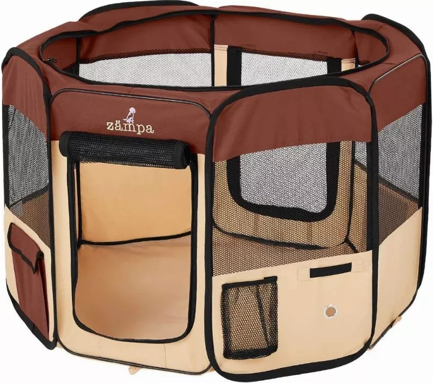 Zampa Portable Foldable Pet playpen Exercise Pen Kennel + Carrying Case - Small (36"x36"x24") Brown
