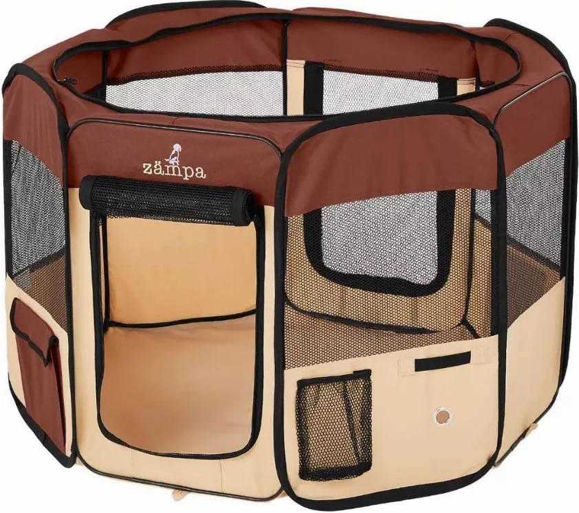 Zampa Portable Foldable Pet playpen Exercise Pen Kennel + Carrying Case - Large (61"x61"x30") Brown
