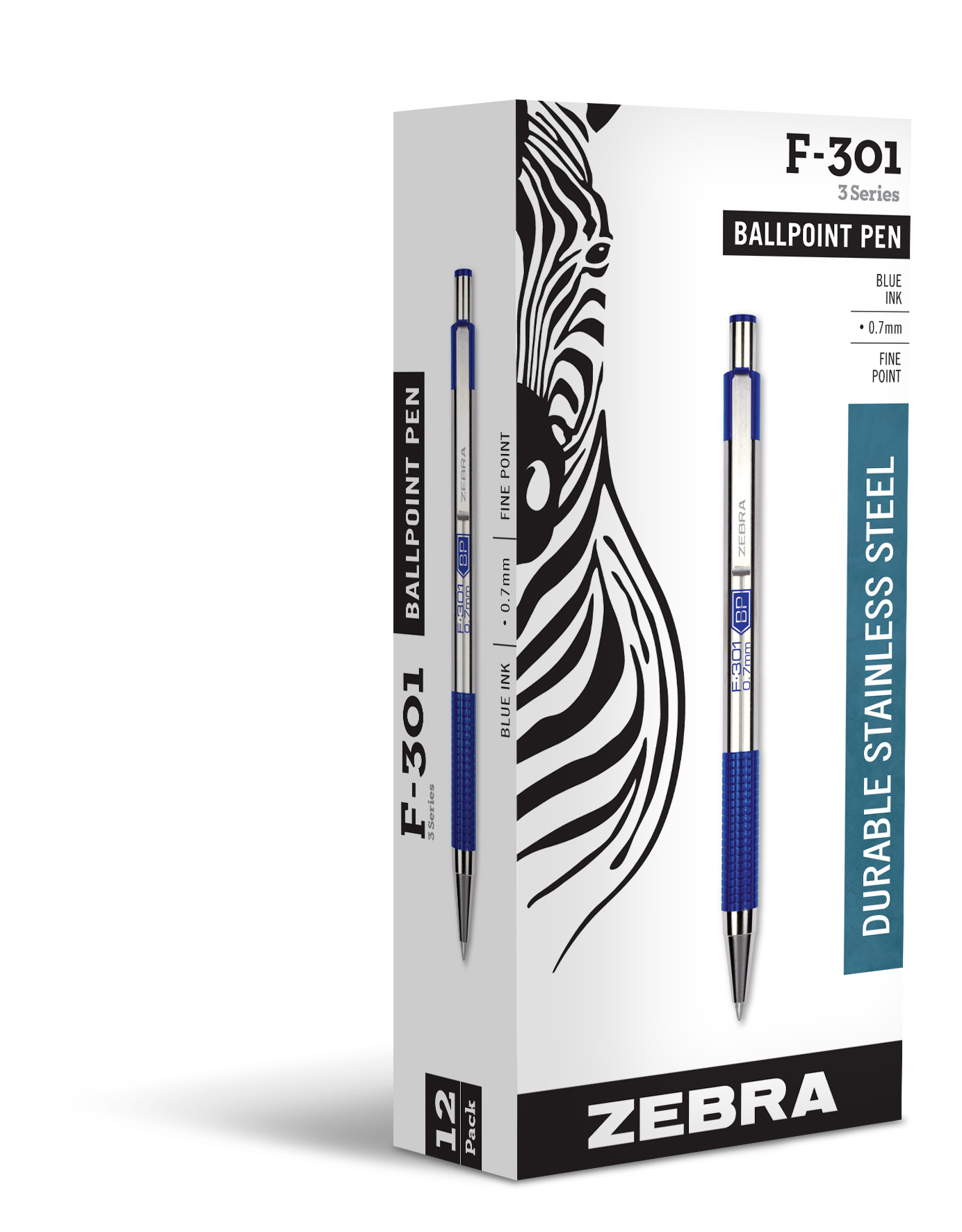 Zebra Pen F-301 Stainless Steel Ballpoint Pens - Fine Pen Point - 0.7 mm Pen Point Size - Refillable - Retractable - Blue - Stai