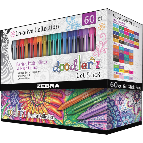 Zebra Doodler'z Gel Stick Pens - Bold Pen Point - 1 mm Pen Point Size - Needle Pen Point Style - Metallic, Neon, Assorted Water 
