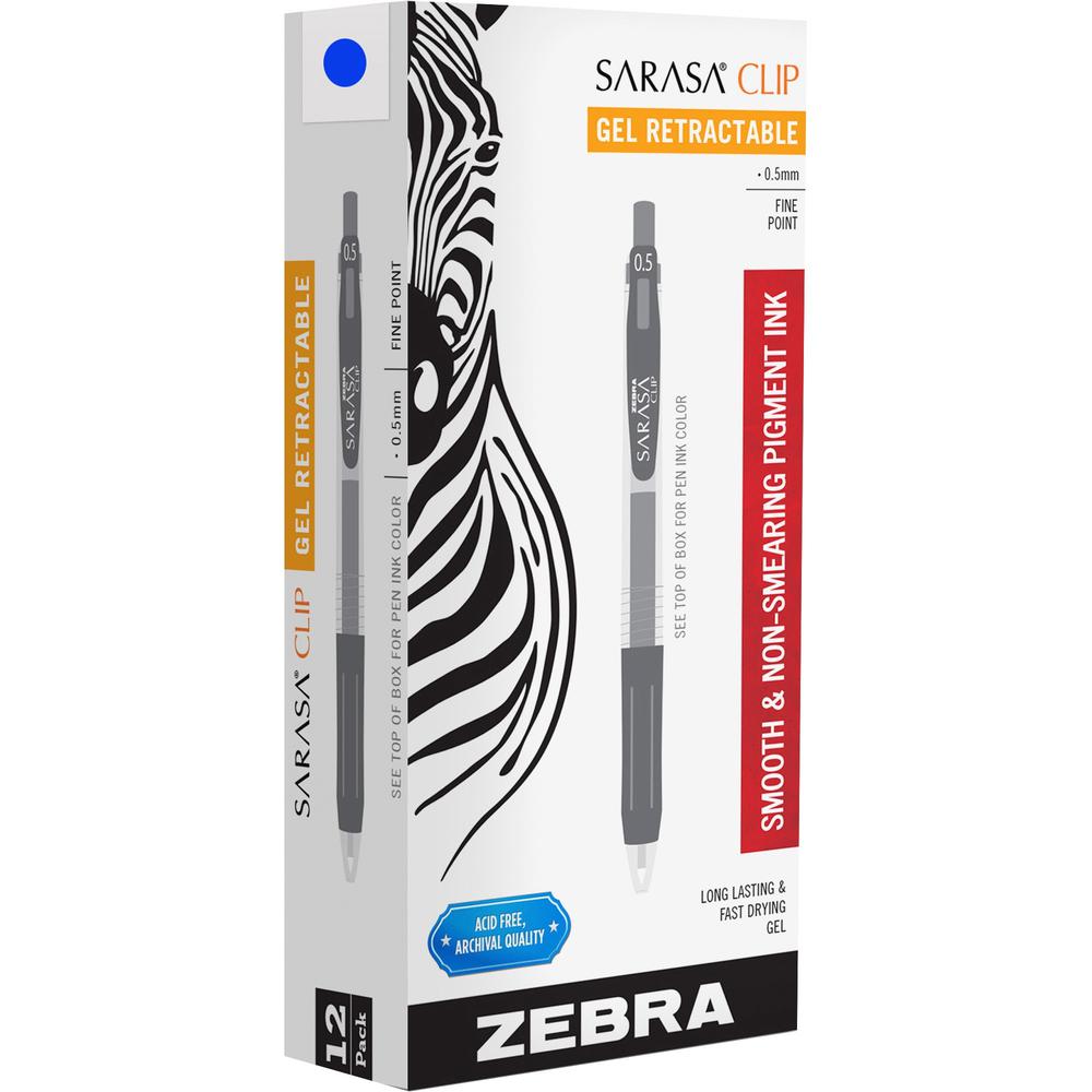 Zebra Pen Sarasa Clip Gel Retractable Blue Pens - 0.5 mm Pen Point Size - Blue - 1 Dozen