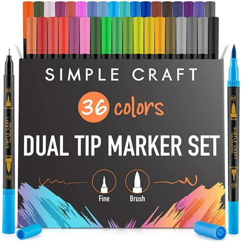 Simple Craft 36 Colored Dual Tip Brush Pens - Fine & Brush Tip Dual Brush Markers For Journaling