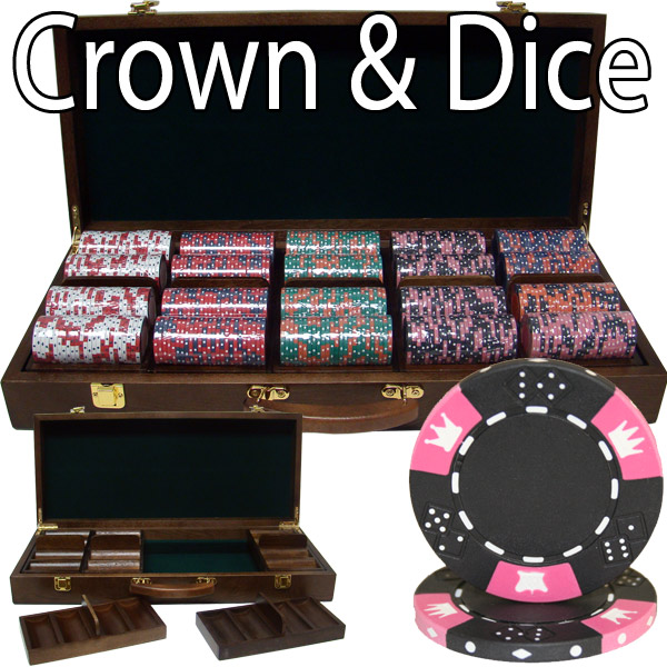 500 Count - Pre-Packaged - Poker Chip Set - Crown & Dice 14g - Walnut Case