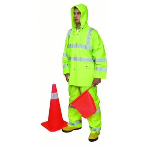 3 Piece PVC/High Visibility Polyester ANSI Class 3 Rain Suit, Large, Lime