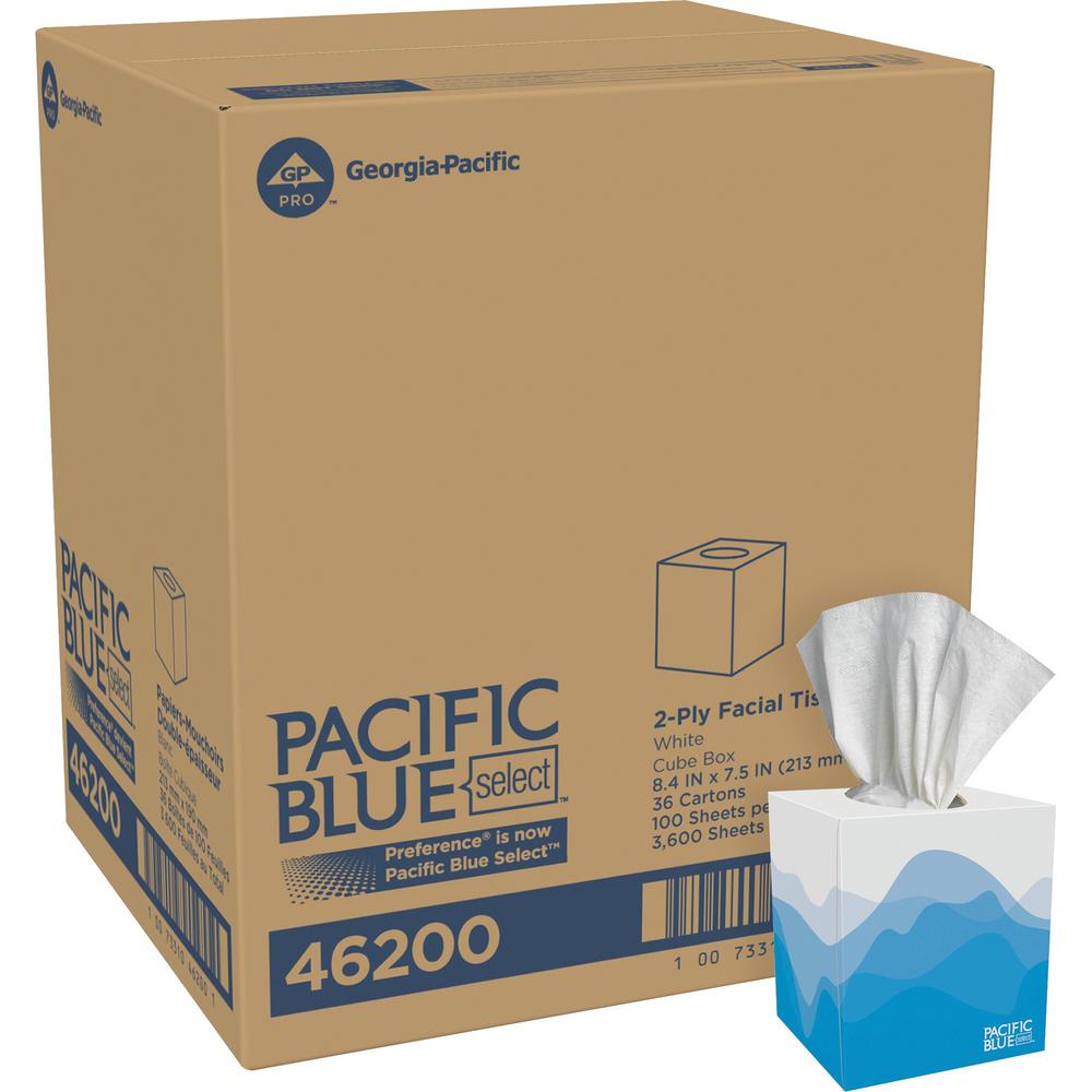 Pacific Blue Select Facial Tissue by GP Pro - Cube Box - 2 Ply - 7.65" x 8.85" - White - Soft, Absorbent - 100 Per Box - 36 / Ca