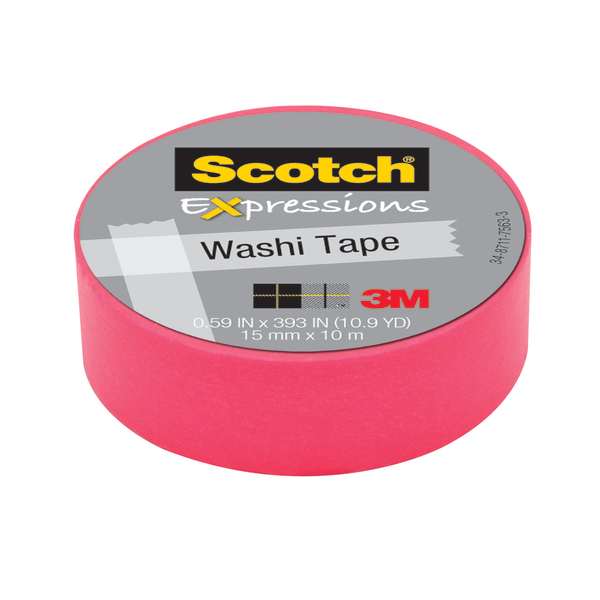 Scotch Expressions Washi Tape, .59" x 393", Neon Pink 