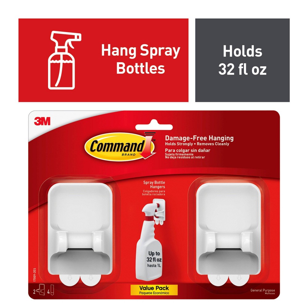 Spray Bottle Holder, 2.34 x 1.69 x 3.34, White, 2 Hangers/4 Strips/Pack
