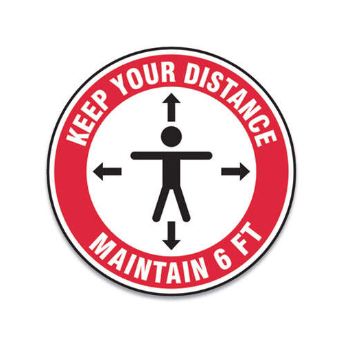 Slip-Gard Social Distance Floor Signs, 17" Circle, "Keep Your Distance Maintain 6 ft", Human/Arrows, Red/White, 25/Pack