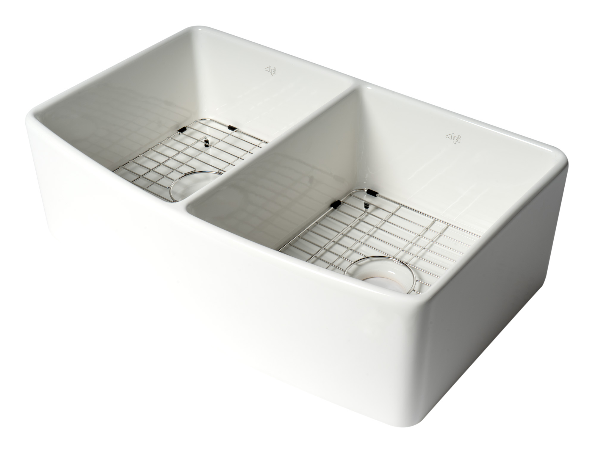 ALFI Brand ABFC3320D-W White Smooth Curved Apron 33" x 20" Double Bowl Fireclay Farm Sink with Grid