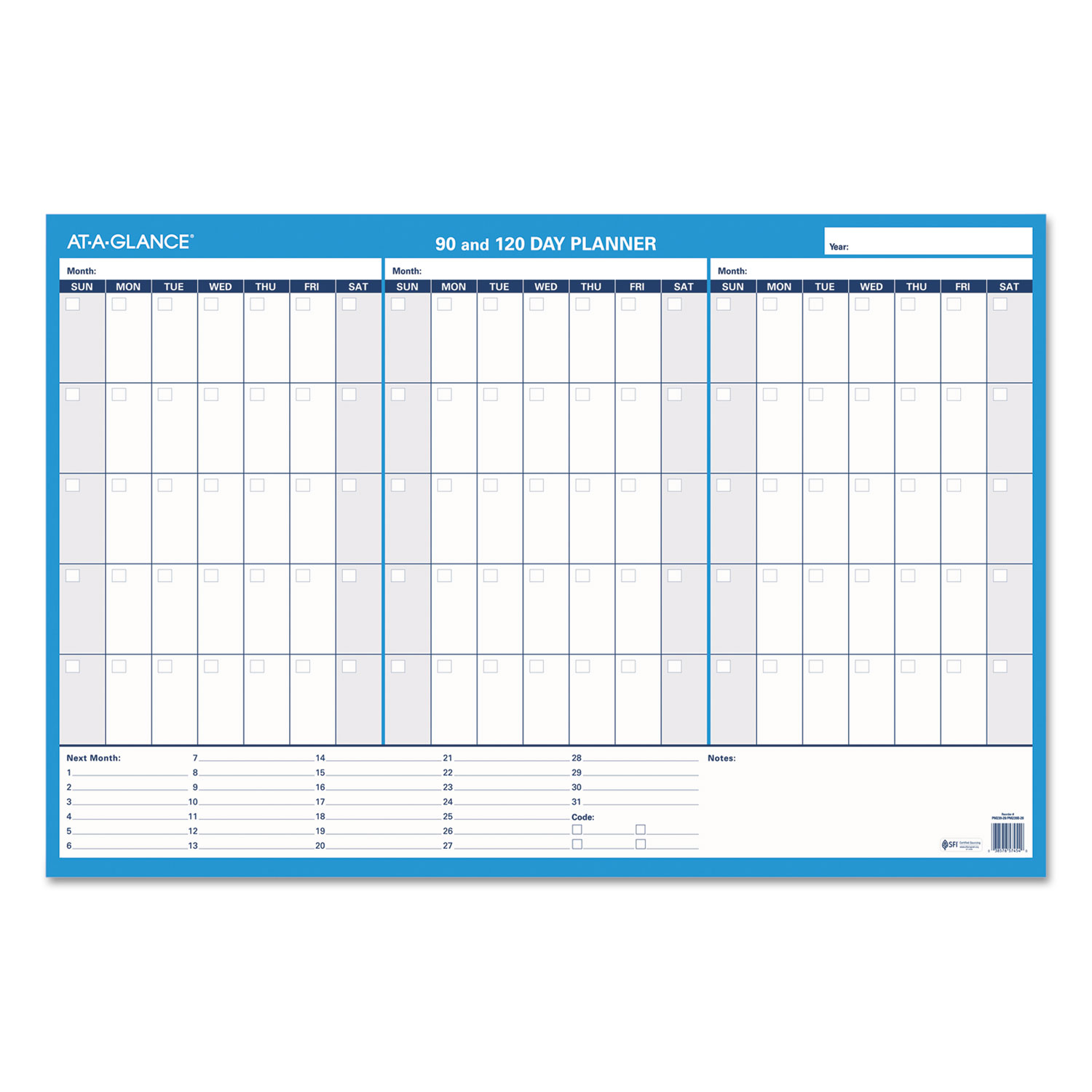 90/120-Day Undated Horizontal Erasable Wall Planner, 36 x 24, White/Blue,