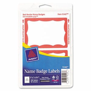 Printable Self-Adhesive Name Badges, 2-11/32 x 3-3/8, Red Border, 100/Pack